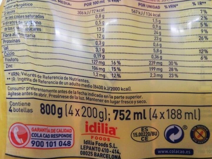 informacion nutricional del cola cao
